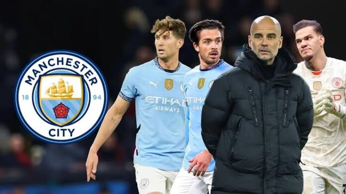 Man City players and Pep Guardiola