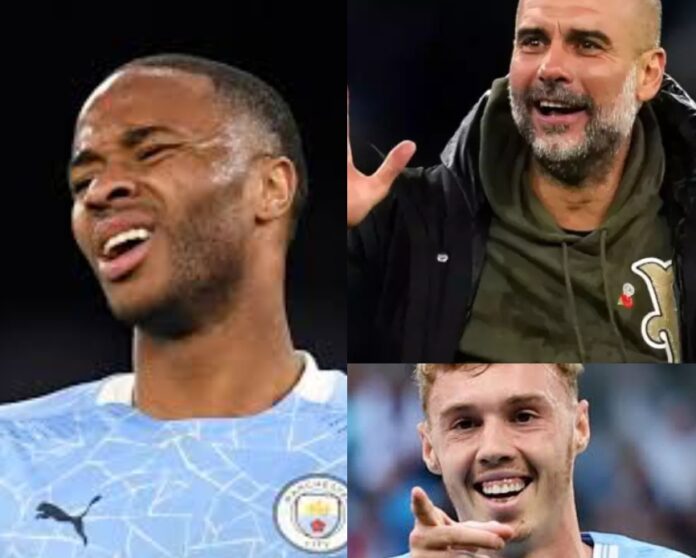 Raheem Sterling, Pep Guardiola and Cole Palmer