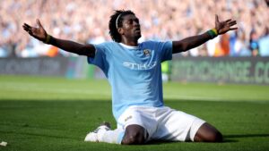 Emmanuel Adebayor celebration for Man City against Arsenal