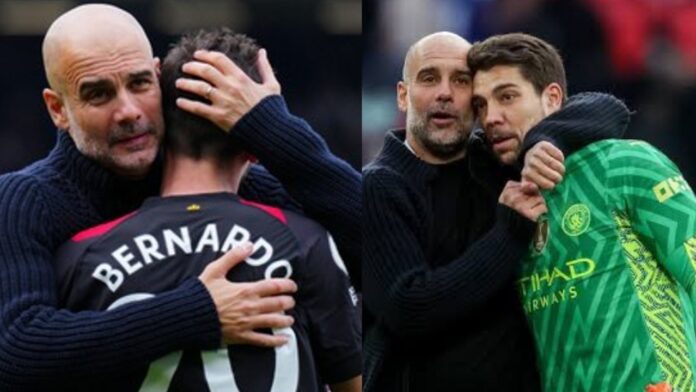 Bernardo Silva, Stefan Ortega with Pep Guardiola - Manchester City