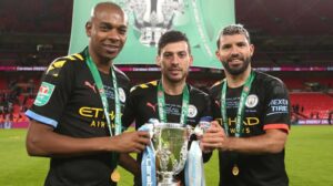 Fernandinho, David Silva, and Sergio Aguero celebrate Carabao Cup victory