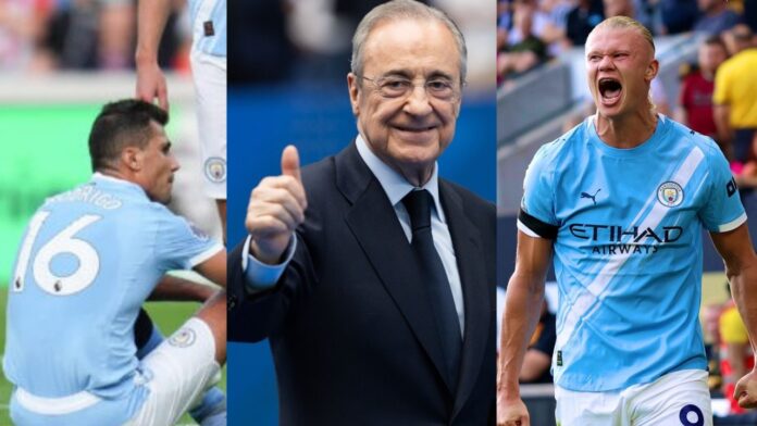 Rodri, Real Madrid President, and Erling Haaland