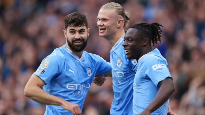 Josko Gvardiol, Erling Haaland and Jeremy Doku Josko Gvardiol, Erling Haaland, and Jeremy Doku