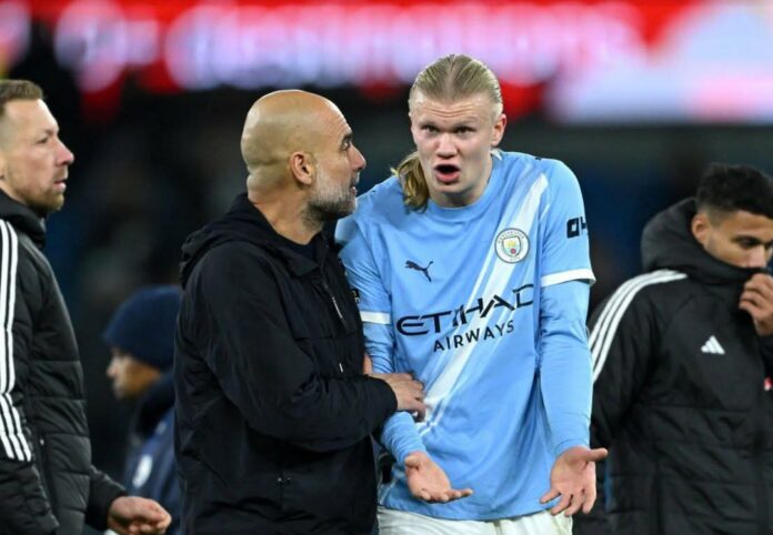 Pep Guardiola and Erling Haaland after Leeds United victory