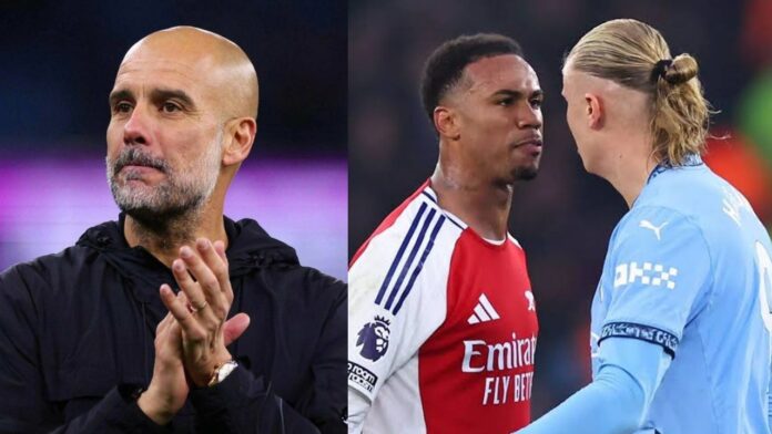 Pep Guardiola, Erling Haaland and Gabriel Magalhàes